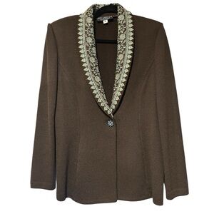 St. John Evening Brown Santana Knit Jacket Embellished Collar Size 10
